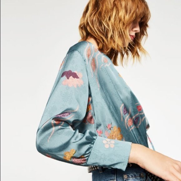 #134 Zara accessories long sleeved teal floral Faux Silk bodysuit Small - Picture 3 of 15
